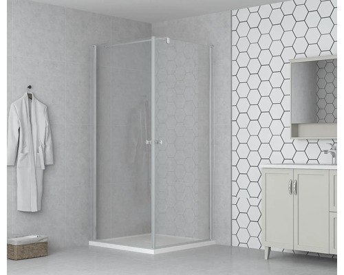 Eckdusche mit klarem Glas und Duschbecken in einem hellen Badezimmer