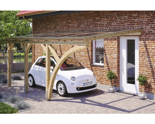 Carport en bois avec toit transparent et voiture garée