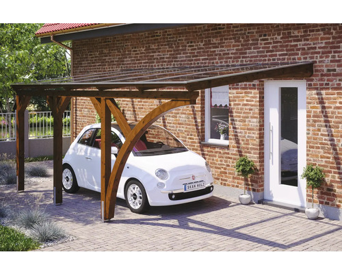 Carport en bois avec toit transparent et voiture garée