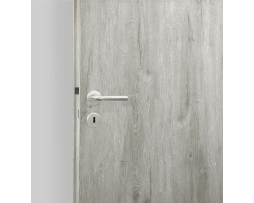 Porte en bois grise avec poignée argentée