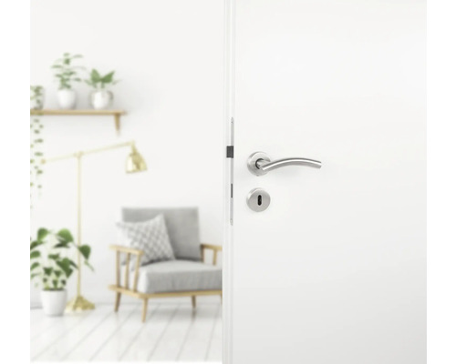 Weiße Tür mit silberfarbenem Türgriff in Wohnraumumgebung