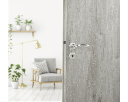 Helle Holztür mit silberfarbenem Türgriff in einem hellen Raum