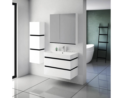Ensemble de salle de bains moderne avec lavabo, armoire de toilette et armoire haute au design épuré