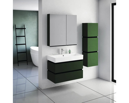 Modernes Badezimmer mit Waschtisch, Spiegelschrank und Regal