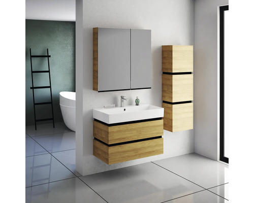 Modernes Badezimmer mit Waschtischunterschrank, Spiegelschrank und Hochschrank in Holzoptik