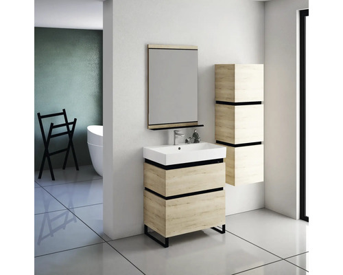 Scène de salle de bains avec meuble-lavabo, miroir et armoire haute en décor bois clair