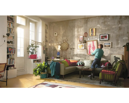 "Salon avec un canapé, des fauteuils, des plantes et une personne accrochant une photo encadrée à un mur orné de diverses œuvres d''art. Une guirlande portant l''inscription ""Happy Birthday"" est également visible."