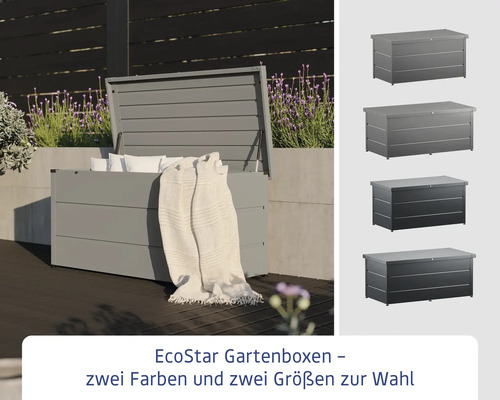 EcoStar Gartenbox zur Aufbewahrung mit geöffnetem Deckel und zwei verfügbaren Farben und Größen