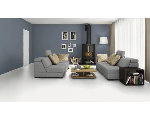 Helles Wohnzimmer mit grauen Sofas, Kamin und Holz