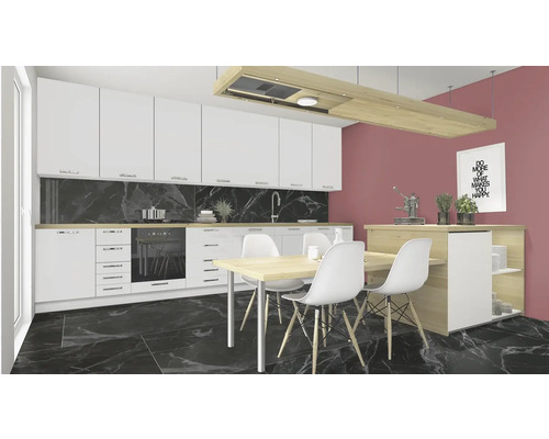 Cuisine moderne avec armoires blanches, table à manger et sol en marbre