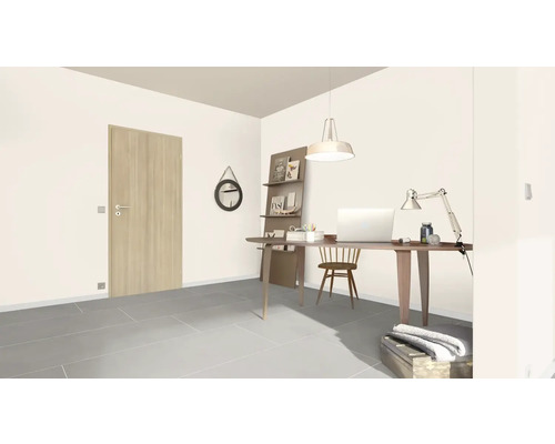 Pièce lumineuse avec bureau, chaise, étagères et porte