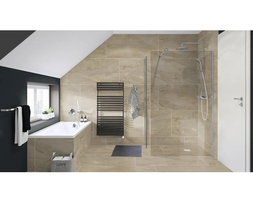 Salle de bains moderne avec baignoire, douche et radiateur