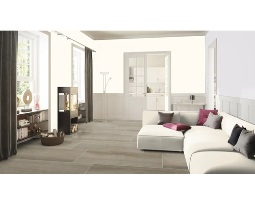 Heller Wohnraum mit Sofa, Kaminofen, Bücherregal und Fenster