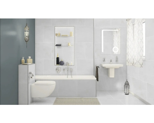 Helles Badezimmer mit Badewanne, Waschtisch und Toilette vor hellgrauem Hintergrund