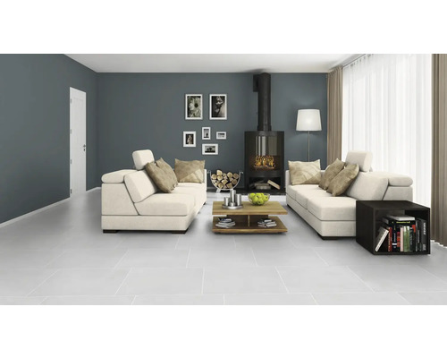 Heller Wohnraum mit Kaminofen, Sofas und Fliesenboden