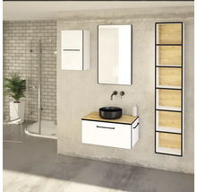 Badezimmer mit Waschbecken, Spiegelschrank, Hängeschrank und Regal