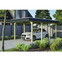 Auto unter Holzcarport mit Schindeldach