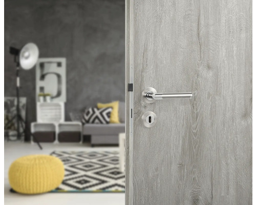 Graue Innentür mit Edelstahlbeschlägen in einem modern eingerichteten Raum.