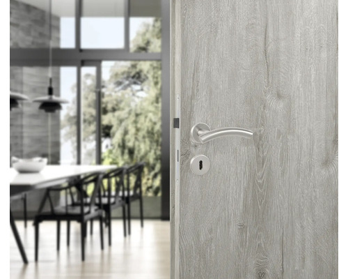 Porte en bois avec poignée de porte argentée dans une pièce lumineuse