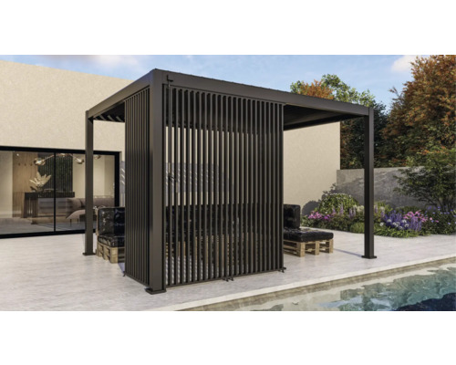 Pergola avec paroi à lamelles et sièges dans le jardin