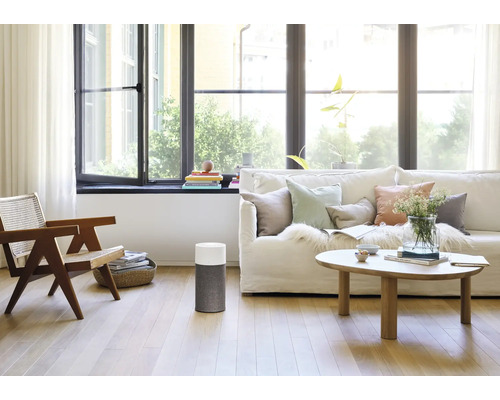 Wohnzimmer mit Sofa, Sessel, Tisch und Luftreiniger