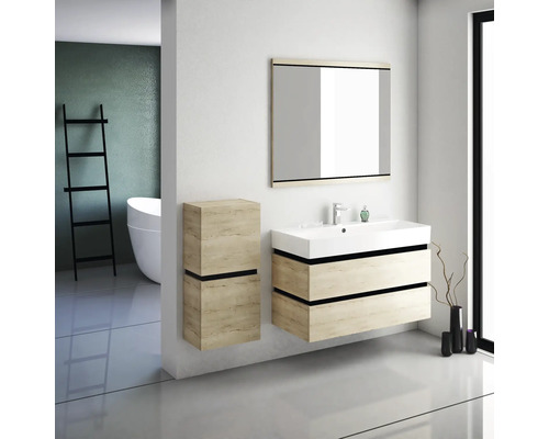 Salle de bains moderne avec meuble sous-lavabo, armoire de toilette et armoire haute en bois