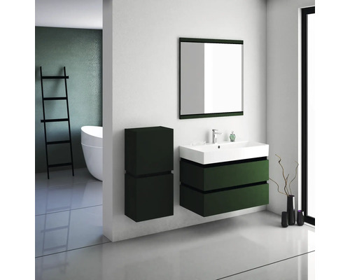 Salle de bains moderne avec meuble sous-lavabo, armoire de toilette et armoire haute