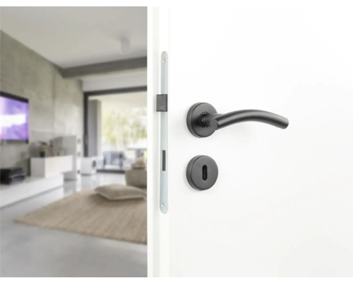 Geöffnete Tür mit schwarzer Türklinke und Schloss vor einem Wohnzimmer