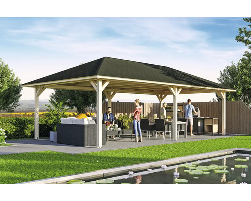 Holz Pavillon mit Möbeln und Grill im Garten