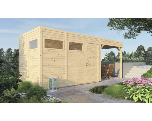 Abri de jardin Bertilo Cubo 3 avec extension de toit et plancher 560 x 240 cm naturel