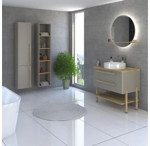 Salle de bain moderne avec meuble-lavabo, miroir, armoire et plante