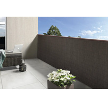 Balkonszene mit Sichtschutz, Pflanztopf und Laptop