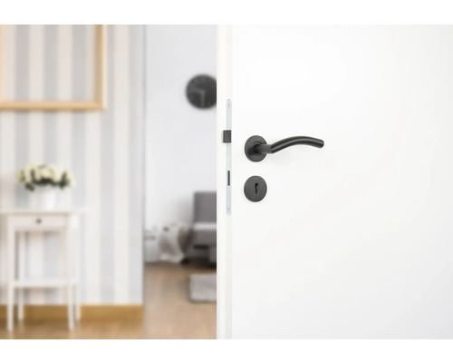 Geöffnete Tür mit schwarzer Türklinke und Blick in ein helles Wohnzimmer