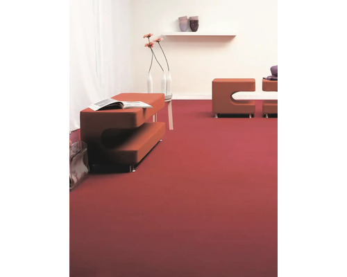 Salon avec moquette rouge et meubles modernes