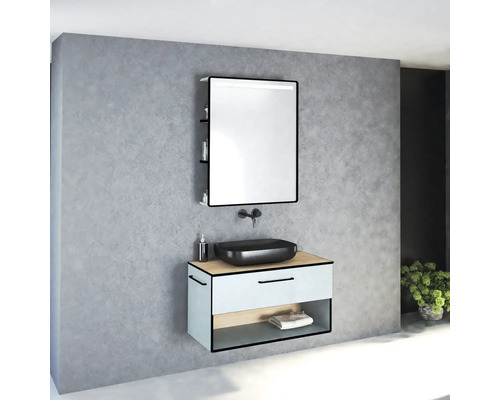Salle de bains moderne avec meuble-lavabo, lavabo et armoire de toilette
