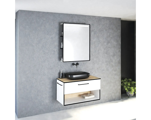 Ensemble de salle de bains moderne avec miroir, lavabo et meuble sous-vasque devant un mur gris