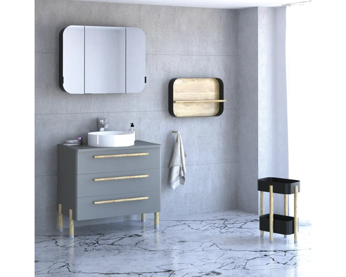 Badezimmer mit Waschbeckenunterschrank, Spiegelschrank, Wandregal und Badregal