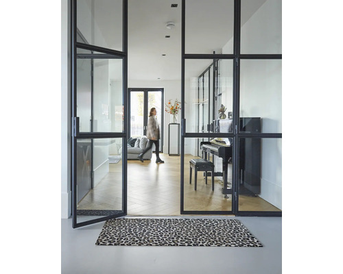 Pièce lumineuse avec portes en verre et tapis à motif animal