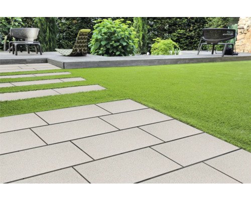 Jardin avec pelouse et chemin de dalles en pierre