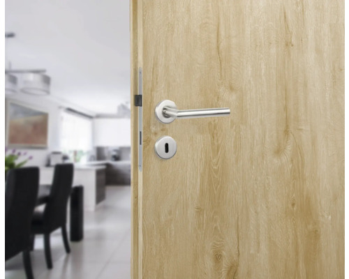 Geöffnete Innentür mit Türgriff und Schloss vor einem Esszimmer und einer Küche