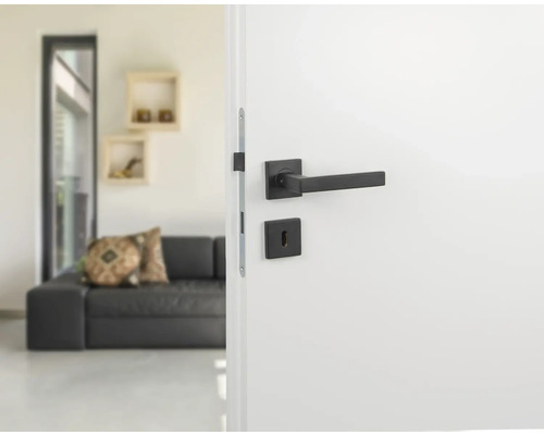 Weisse Tür mit schwarzem Türgriff in modernem Wohnraum