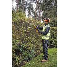 Une personne coupe une haie avec un taille-haie dans le jardin.
