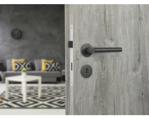 Porte en bois avec poignée de porte noire et garniture de serrure devant un salon