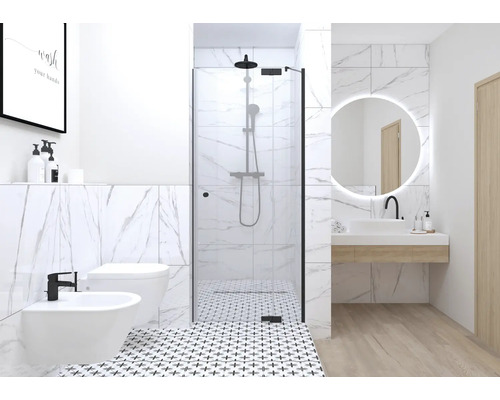 Salle de bain moderne avec douche, lavabo, toilettes et bidet