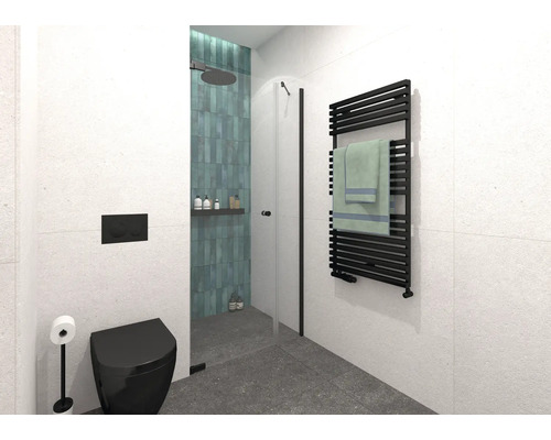 Salle de bains moderne avec douche, toilettes et sèche-serviettes