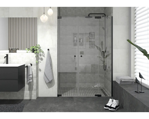 Salle de bain moderne avec cabine de douche, lavabo et miroir