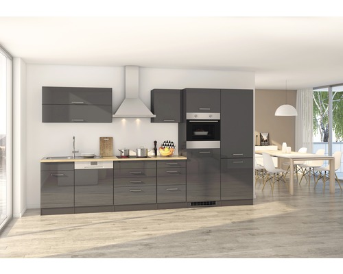 Held Möbel Küchenzeile mit Geräten Mailand 360 cm grau hochglanz zerlegt Variante reversibel