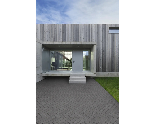 Modernes Haus mit Holzfassade, Eingangsbereich mit Treppe und Pflastersteinen
