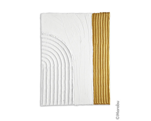 Tableau en relief abstrait avec des éléments blancs et dorés