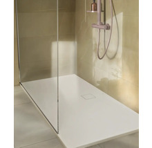 Salle de bains avec douche plain-pied, paroi de douche et robinetterie
